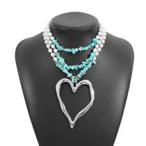 Fashion Blue+whitek Alloy Pearl Spliced Gravel Beads Hollow Love Multi-layer Necklace