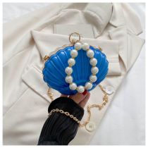 Fashion Blue Pearl Beaded Acrylic Shell Clip Crossbody Bag