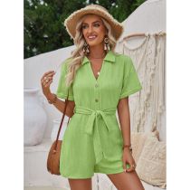 Fashion Light Green Polyester Lapel Button-breasted Lace-up Jumpsuit