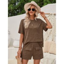 Fashion Coffee Color Polyester Crew Neck Short Sleeve Top And Shorts Set