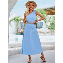 Fashion Blue Polyester Off-shoulder Lace-up Top And Skirt Suit