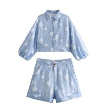 Fashion Color Polyester Snowflake Lapel Shirt Shorts Set