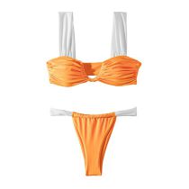 Fashion Orange Polyester Pleated Tankini Swimsuit Bikini