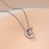 Fashion Silver Titanium Steel Diamond Star Moon Necklace