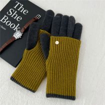 Fashion 3k Double Layer Double Color Yellow Gray Polyester Colorblock Knitted Five-finger Gloves