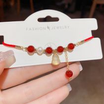 Fashion Gold Copper Red Agate Pearl Beaded Jade Gourd Bracelet