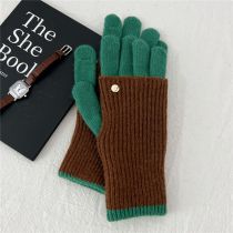 Fashion 8k Double Layer Double Color Brown And Green Polyester Colorblock Knitted Five-finger Gloves