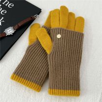 Fashion 10k Double Layer Double Color Camel Yellow Polyester Colorblock Knitted Five-finger Gloves