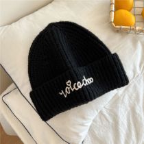 Fashion 2 Lines English Black Wool Knitted Letter Embroidered Beanie