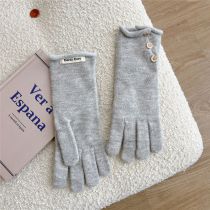 Fashion 6d Three Small Button Slit Gloves Light Gray Polyester Knitted Patch Buttoned Five-finger Gloves