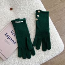 Fashion 8d Three Small Buttons Slit Gloves Green Polyester Knitted Patch Buttoned Five-finger Gloves