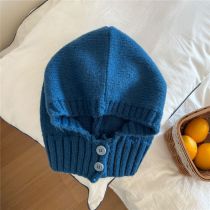 Fashion 8 Small Button Hat Dark Blue Wool Knitted Button Hood And One-piece Scarf