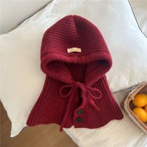 Fashion 6 Cap Wine Red Wool Knitted Button Hood And One-piece Scarf