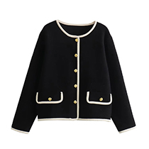 Fashion Black Round Neck Contrasting Edge Knitted Jacket