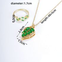 Fashion Golden Green Diamond Copper Inlaid Zirconium Leaf Ring Necklace Set