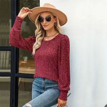 Fashion Claret Cotton Crew Neck Brushed Pitted Long-sleeved T-shirt