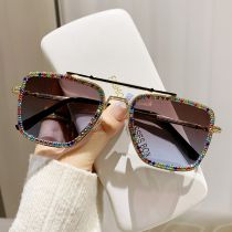 Fashion Golden Frame Tea Blue Tablets Ac Diamond-encrusted Double Bridge Sunglasses