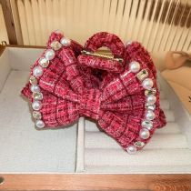Fashion Gripper-pink Fabric Diamond Pleated Bow Clip