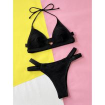 Fashion Black Polyester Halter Neck Tankini Swimsuit Bikini
