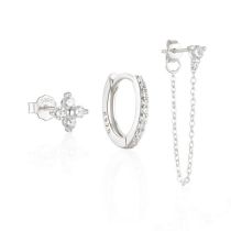 Fashion Set Of 3-platinum Sterling Silver Diamond Chain Earring Set