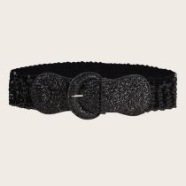 Fashion Covered Bright Pink Pin Buckle + Fish Scale Girdle (black) Wide Belt With Metal Covered Buckle And Glitter Pin Buckle