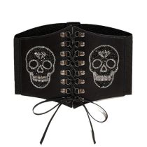 Fashion Skull Ax Girdle Faux Leather Skull Lace-up Wide Elastic Belt