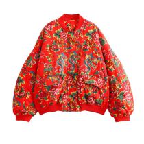 Fashion Bright Red Polyester Printed Stand Collar Jacket With Pockets