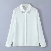 Fashion White Polyester Studded Lapel Shirt