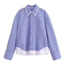 Fashion Blue Polyester Lapel Striped Lapel Button-down Shirt