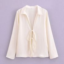 Fashion Off White Polyester Lapel Lace-up Shirt
