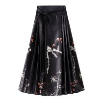 Fashion Flowers And Birds Black Polyester Printed One Piece Skirt