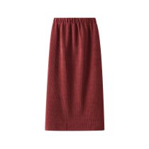 Fashion Wine Red Polyester Corduroy High Waist Slit Skirt