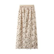 Fashion Apricot Sequin Fringed Feather Slit Skirt