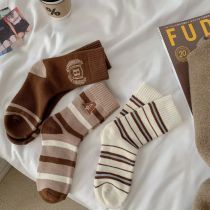 Fashion Brown Cotton Letter Stripe Mid-calf Socks Set