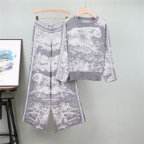 Fashion Grey Blended Printed Knitted Sweater Wide-leg Pants Suit