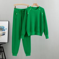 Fashion Green Blended Beaded Knit Sweater Lace-up Trouser Suit
