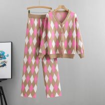 Fashion Khaki Blended Plaid Knitted Cardigan Wide-leg Pants Suit