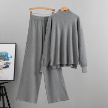 Fashion Grey Blended Knitted Sweater Wide-leg Pants Suit