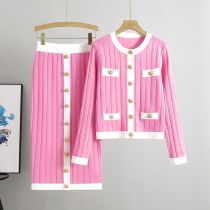 Fashion Pink Blended Knit Cardigan Skirt Suit