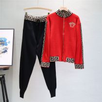 Fashion Red+black Blended Zipper Stand Collar Jacket And Leggings Trousers Suit