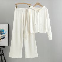 Fashion White Blended Knit Hooded Cardigan Wide-leg Pants Suit