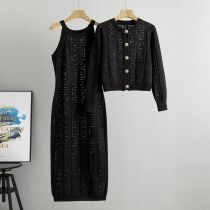 Fashion Black Blended Jacquard Knitted Cardigan Vest Maxi Skirt Suit