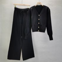 Fashion Black Blended Knitted Cardigan Wide-leg Pants Suit