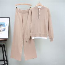 Fashion Khaki Blended Knitted Sweater Wide-leg Pants Suit