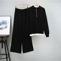 Fashion Black Blended Knitted Sweater Wide-leg Pants Suit