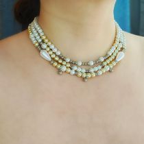 Fashion Silver Copper Pearl Round Beads Multi-layer Necklace