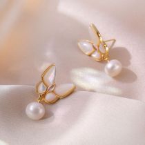 Fashion 2# Titanium Steel Shell Butterfly Pearl Earrings