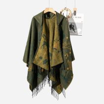 Fashion Green Faux Cashmere Printed Hooded Cape