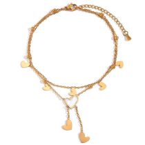 Fashion Gold Stainless Steel Gold Plated Heart Shaped Double Layer Anklet