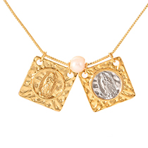 Fashion Golden 2 Copper Pearl Square Portrait Pendant Necklace